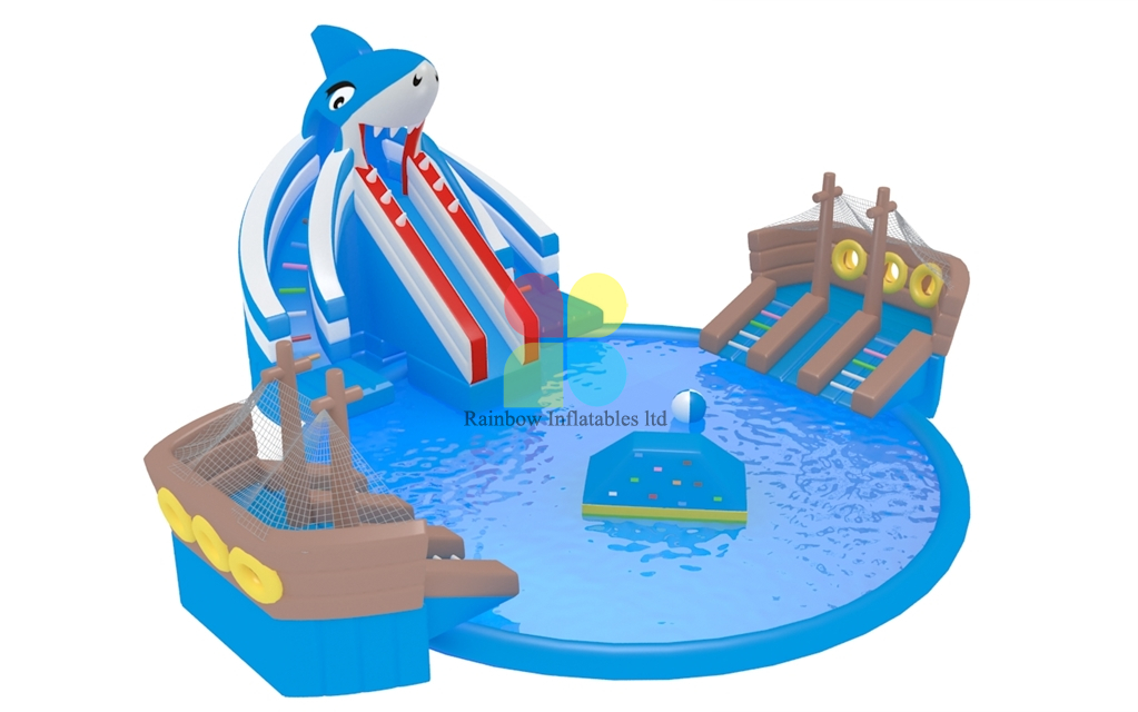 Shark Theme Commercial Giant Aqua Park Inflatable Water Park Equipment With Slide On Lake for Sale